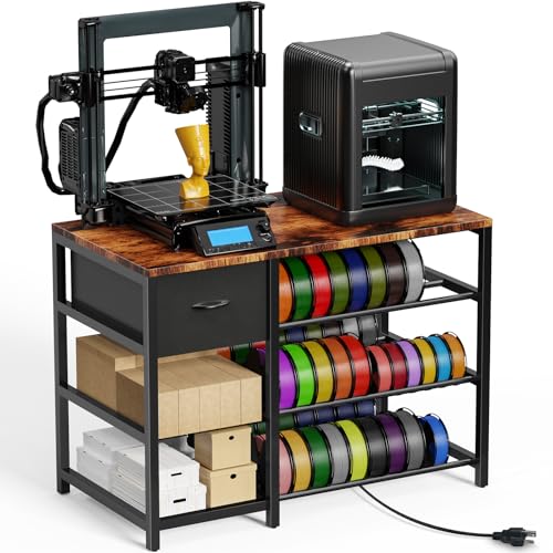Frebomboo 3D Printer Filament Storage Rack, Versatile 3D Printer Stand Shelf with Drawer, Mobile 3-Tier Metal Filament Spool Holder, Perfect 3D Printer Cart Desk for Office Workshop Studio - style: Brown
