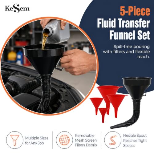 5 Pc Automotive Funnel Set, 4 Plastic Oil Funnels & Large Flexible Fuel Funnel with Hose, Car Oil Change Funnel Kit for Gas, Transmission Fluid, Coolant, Engine Oil, Fuel Transfer & Garage Use