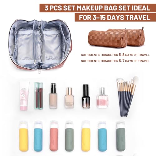 BOYATU Travel Makeup Bag Organizer: 180°Open-Flat 3 Pcs Make up Bags Set - color: 01-F-Brown