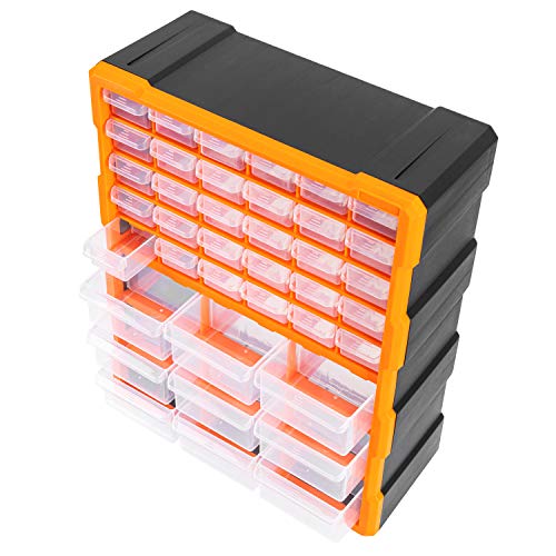 Amazon Basics Wall Mount Hardware and Craft Storage Cabinet Organizer with 39 Drawers, Plastic Garage Organization System with Dividers for Small Parts, Black, Orange, 15" x 6.3" x 18.6"