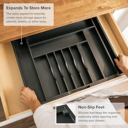 KitchenEdge Silverware & Utensil Organizer | Black Bamboo, 18-33 In - color: Black Bamboo, size: From 18" to 33" Wide