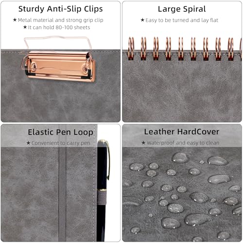 Ospelelf Grey Foldable Clipboard Folio with with Storage Zipper Pouch, Leather Spiral Clipboard Folder with Notepad, 5 Plastic Folders with 10 Pockets, 39 Divider Label Stickers, Pen Loop Series - color: Grey