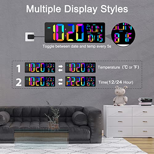XREXS 17.2" Large Digital Wall Clock RGB Color Changing with Remote Control