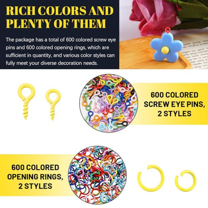 1200Pcs 8mm 10mm Colorful Mini Screw Eye Pins & Open Jump Rings Kit