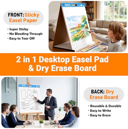 AFMAT Tabletop Sticky Easel Pad & Dry Erase Board 2 in 1, 20 x 23 in Portable Easel Stands for Teachers, Super Sticky & Bleed-Resistant, Ideal for Meetings/Training/Presentation, 20 Sheets/Pad, 8 Pads
