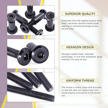 Swpeet 120Pcs M6x16mm/20mm/25mm/30mm/35mm Carbon Steel Black Hex Drive Socket Cap Bolts Barrel Nuts Kit with 1Pcs Allen Wrench, Screw Post Fit for Furniture Countsunk Belt Buckle Leather Binding Bolts - size: M6x16mm/M6x20mm/M6x25mm/M6x30mm/M6x35mm
