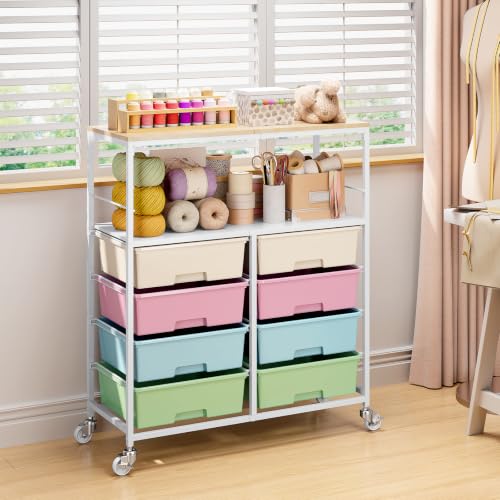 APEXCHASER Rolling Storage Cart with 8 Large Drawers,Wooden Tabletop - color: Colorful
