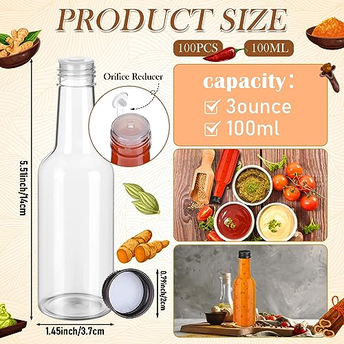 Zubebe 100 Pcs Hot Sauce Bottles Small Plastic Clear Woozy Bottles Empty with Leak Proof Black Screw Cap Mini Wine Liquor jars for Kitchen Sauce Salad Dressing Syrup Juice Whiskey (3 oz) - size: 3 oz