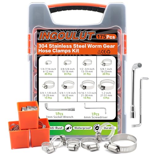 175Pcs Worm Gear Hose Clamps 304 Stainless Steel Assortment Kit 1/4"to 2"(6-51mm) Adjustable Hose Clamps, Small Heavy Duty Hose Clamps for Automotive/Garden/Water Pipe/Sprinkler Line/Fuel Line - size: 175pcs