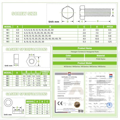 300 Pieces/100 Sets 10mm M3x10 mm Nylon White Screw Nut Washer Kit - size: M3*10 mm, style: White Hex Head Screws
