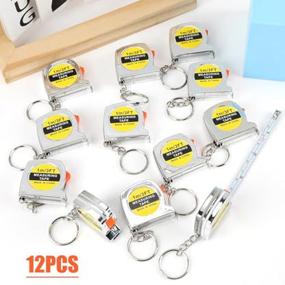 12 Pack 3ft Mini Tape Measure Keychain, Sliver Portable Retractable Small Tape Measure with Slide Lock, Construction Party Favors for Prize Bag Filler DIY Projects School Office Home Project Daily Use