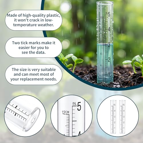 2-Pack Rain Gauge Replacement Tube - 5" Capacity Easy-to-Read Magnifying Rain Gauge for Outdoor - Plastic Clear Rain Gauges for Garden Yard Home - Accurate Measurement with Dual Scales