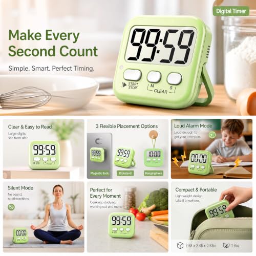 Antonki 2 Pack Digital Timer for Kids Classroom Kitchen Timers for Cooking - color: Lime Green + Mint Green