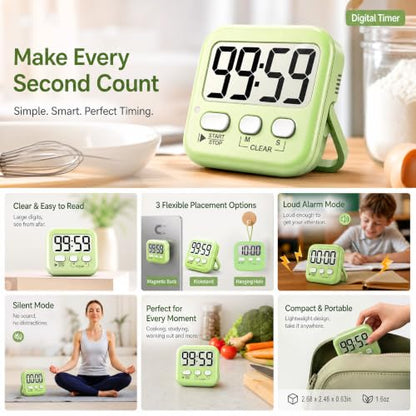 Antonki 2 Pack Digital Timer for Kids Classroom Kitchen Timers for Cooking - color: Lime Green + Mint Green