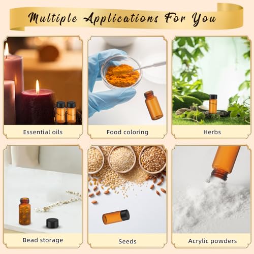 100 Pack,Glass Essential Oil Bottle with Screw Caps,Empty Refillable Travel Glass Liquid Sample Vial Labs Preservation Storage Leakproof Vials Test Container with Black Screw Caps (Amber, 5ml) - color: Amber, size: 5ml