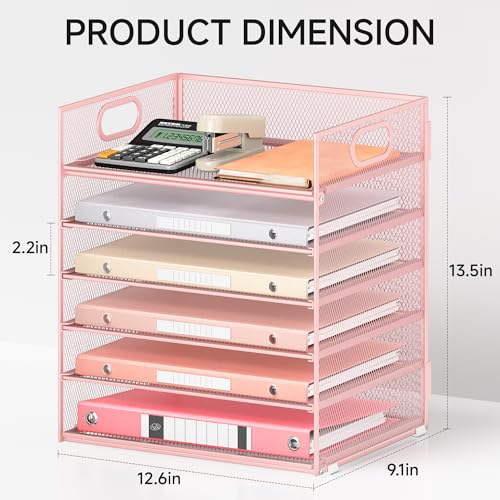 6 Tray Paper Organizer Letter Tray with Handle - Mesh Desk File Organizer, Paper Sorter Organizer for Office, Home or School File Folder Holder - Pink - color: 6 Tier - Pink, size: 12.6" x 9.1" x 13.5"
