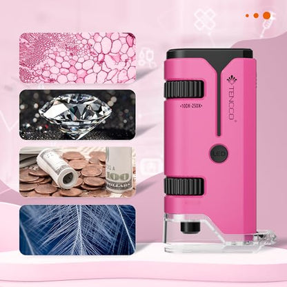 100x-250x Pocket Microscope for Kids Adults, Protable Handheld Miniscope, Mini Microscope Kit for Kids Adults Home School Lab Biology Science Education, Pink - color: Pink