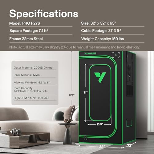 VIVOSUN P276 PRO Grow Tent 32"x32"x 63" Reflective Mylar Indoor Grow Tents - size: 32"x32"x63"