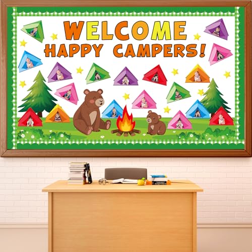 Camping Bulletin Board Set Welcome Happy Camper Back to School Classroom Decorations Summer Camping Tent DIY Photo Crafts Cutouts Plaid Bulletin Board Border for Woodland Party Wall Door Decor - style: Happy Camper