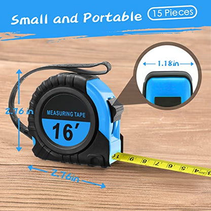 Yunsailing 15 Pieces Tape Measure 16 Ft/ 5 M with Fractions Self Lock Retractable Tape Measuring Convenient Read 1/8 Small Measure with Pause Buttons for Engineer Crafter(Blue)