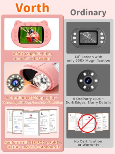 1000X Handheld Digital Microscope for Kids, 2.4" IPS Screen STEM Toys - color: Pink