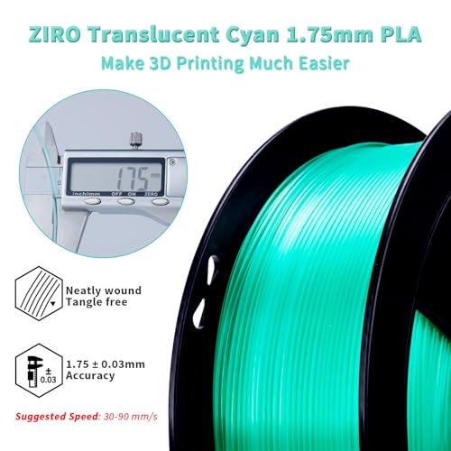 ZIRO 3D Printing Filaments, Translucent Series, 2.2lb 1.75mm Spool, Cyan - color: Translucent-cyan