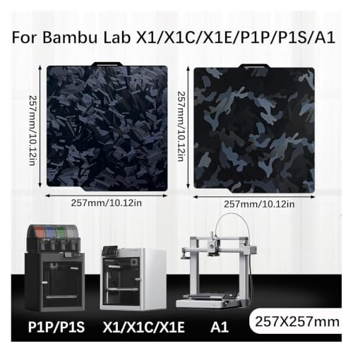 257x257mm Camouflage+High-Rise Build Plate for Bambu Lab X2D/X1/X1C/X1E/P1P/P1S/P2S/A1,Double Sided Smooth Flexible Spring Steel Plate Heated Bed Platform for Bambu Lab 3D Printers - color: Camouflage+High-Rise