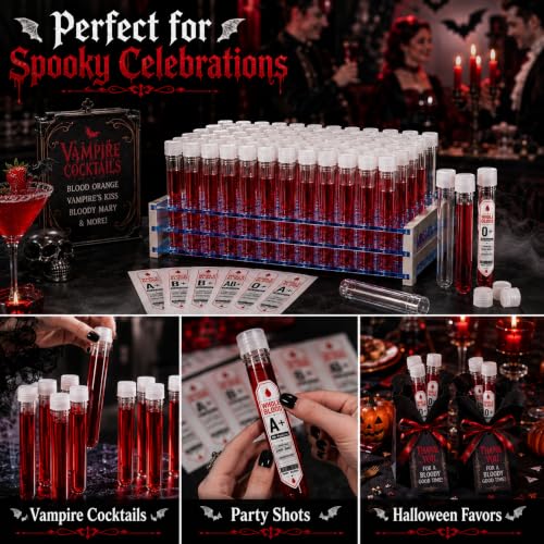 Havawish 50 Pcs Halloween Blood Type Kit 10ml Test Tubes with Rack Sticker