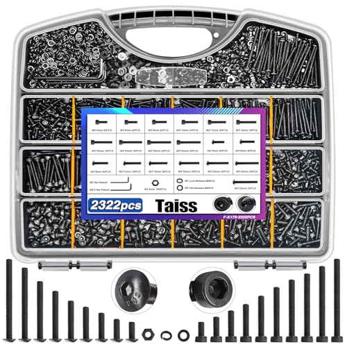 Taiss 2322PCS M3 Screw Kit,Metric Screws Assortment M3x4MM-35MM Nuts and Bolts Kit,M3 Screws 12.9 & 10.9 Grade Black Alloy Steel Hex Socket & Button Head Screw,Machine Screw Set for 3D Printing - color: BK 2322PCS M3 Kit