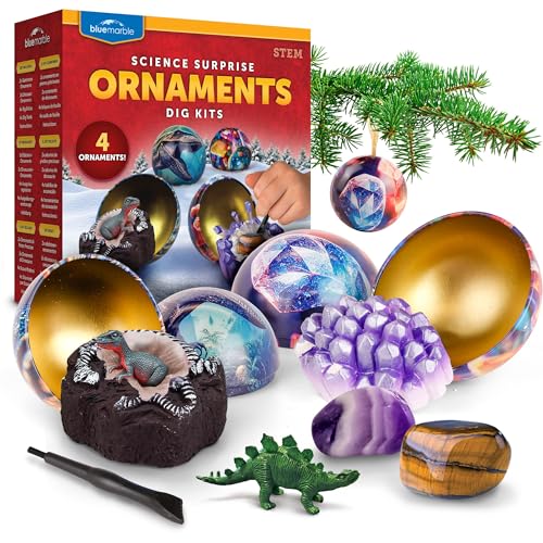 Blue Marble Science Surprise Christmas Ornament Dig Kits - 4 Ornaments with Mini Gemstone and Dinosaur Digs Inside, Includes Tools and Learning Guide - style: Dig Kit Ornaments