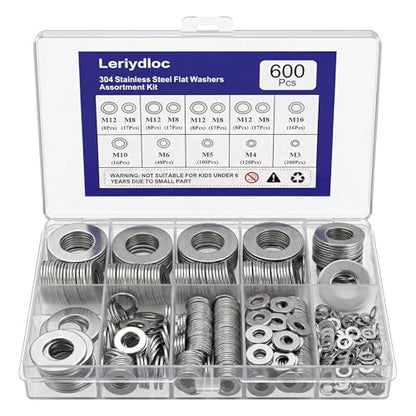 600 PCS Metric Flat Washers, 304 Stainless Steel Washer Assortment Kit, M3 M4 M5 M6 M8 M10 M12, Stainless Steel Washers for Screws and Bolts, Hardware Assortment for DIY & Repair