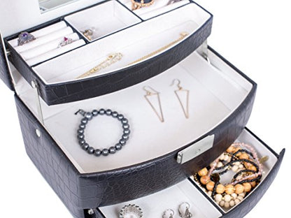 Internet's Best Faux Leather 3-Tier Jewelry Case | Slide Open Jewelry Box | Multi Compartment for Rings, Earings, Necklaces & Bracelets | Interior Mirror | Black