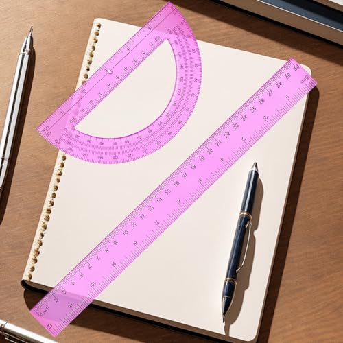 2 Packs 12 Inch Plastic Ruler and 6 Inch Plastic Protractor Set Clear Math Geometry Set Classroom Set Angle Detector School Supplies Classroom Ruler Home Office Drawings (Pink) - color: Pink