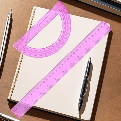 2 Packs 12 Inch Plastic Ruler and 6 Inch Plastic Protractor Set Clear Math Geometry Set Classroom Set Angle Detector School Supplies Classroom Ruler Home Office Drawings (Pink) - color: Pink