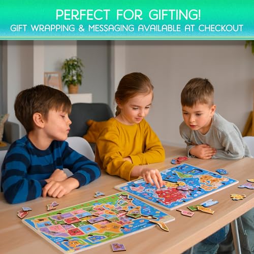 Montessori Mama Wooden Puzzles for Kids Ages 4-6, USA States and Capitols, World Continents and Oceans, Combo Set 2 Toddler Puzzles