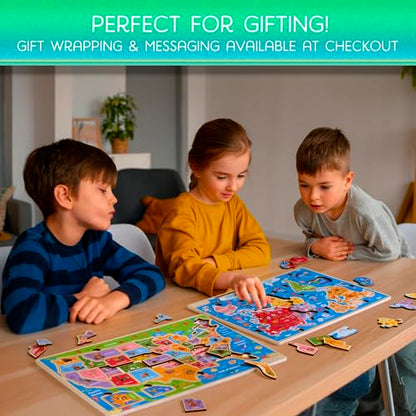 Montessori Mama Wooden Puzzles for Kids Ages 4-6, USA States and Capitols, World Continents and Oceans, Combo Set 2 Toddler Puzzles