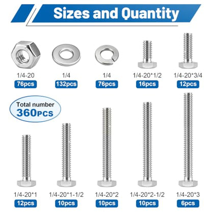 360PCS 1/4-20 Hex Head Bolt and Nut Assortment Kit 304 Stainless Steel - size: SS 1/4"-20 360PCS