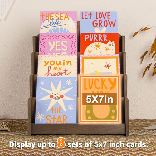 PUERSI Greeting Card Display Stand, Wooden 4-Tier Postcard Display Stand - color: Brown