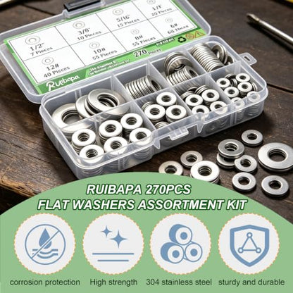 270 PCS 304 Stainless Steel Flat Washers Assortment Kit 8 Size-1/2 3/8 5/16 1/4 12# 10# 8# 6# 304 Stainless Steel Flat Washers for Screws Bolts - size: SAE-270PCS, style: Flat Washers