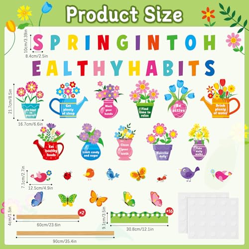 Spring Mental Health Awareness Bulletin Board Decorations Set Spring into Health Habits Theme Classroom Board Decor Flower Butterfly Bird Paper Cutouts for School Door Wall Chalkboard Party Supplies - style: Spring
