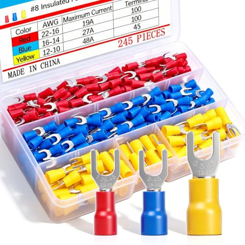 Twidec/245PCS Insulated Fork Spade Wire Connector 22-16/16-14/12-10 Gauge #8 Quick Splice Crimp U-Type Terminal Connectors Assortment Kit - color: 245PCS