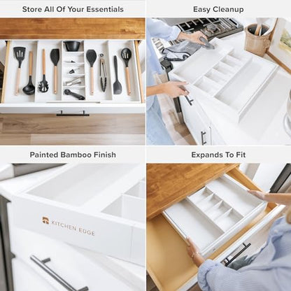 KitchenEdge Utensil & Junk Drawer Organizer, 19-33 in, White Bamboo - color: White Bamboo, size: From 19" to 33" Wide