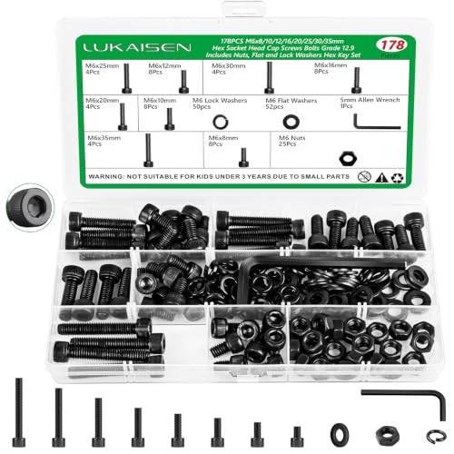 178PCS M6 Hex Socket Screw Assortment Kit, M6x8/10/12/16/20/25/30/35 mm - size: M6 178pcs 3
