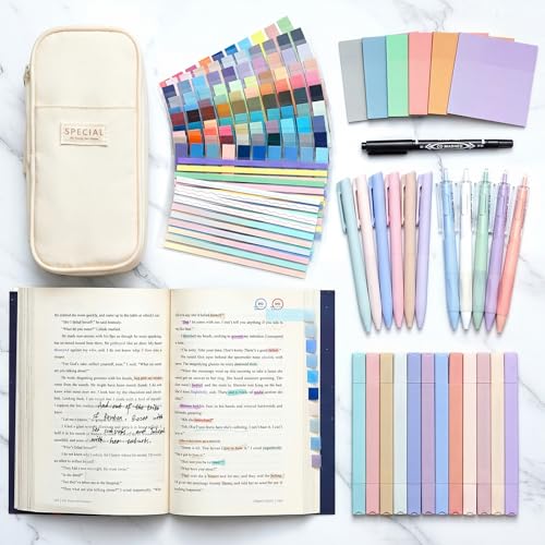 135 Pcs Book Annotation Kit with Pencil Case, 12 Pastel Highlighters, 11 Gel Pens, Fine Marker, 300 Transparent Sticky Notes, 2640 Index Tabs, Bible Study Supplies Kit(Classic,Beige) - color: Beige, style: Classic