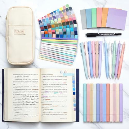 135 Pcs Book Annotation Kit with Pencil Case, 12 Pastel Highlighters, 11 Gel Pens, Fine Marker, 300 Transparent Sticky Notes, 2640 Index Tabs, Bible Study Supplies Kit(Classic,Beige) - color: Beige, style: Classic