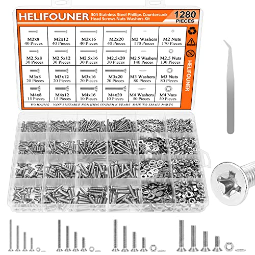 HELIFOUNER 1280 Pieces M2 M2.5 M3 M4 304 Stainless Steel Phillips Countersunk Head Machine Screws, Metric Screws Bolts Washers Nuts Kit, 304 Stainless Steel - size: M2/M2.5/M3/M4, style: Phillips Countersunk Head
