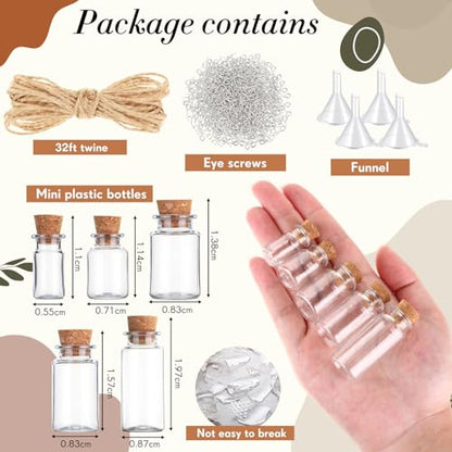 Bokon 25 Packs Mini Plastic Bottles with Corks Funnels Eye Screws