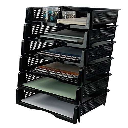 Plastic Stackable File Paper Storage Tray, Office Stackable Letter Tray, Black, 6 Pack