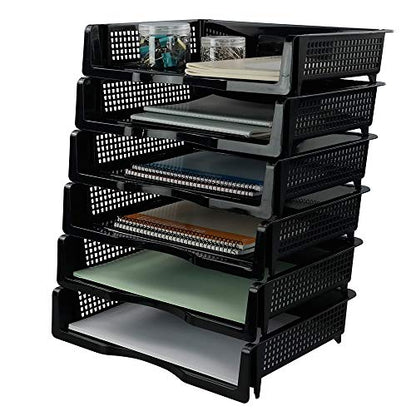Plastic Stackable File Paper Storage Tray, Office Stackable Letter Tray, Black, 6 Pack