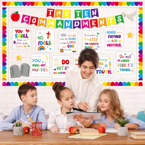 Ten Commandments Bulletin Board Set Christian Bible Verse Classroom Decor White Base Inspirational Religious Scripture Cutouts for Back to School Party Classroom Home Chalkboard Wall Door Decor - style: White Base Ten Commandments